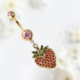 14G Gold Dangling Strawberry Charm Belly Button Ring